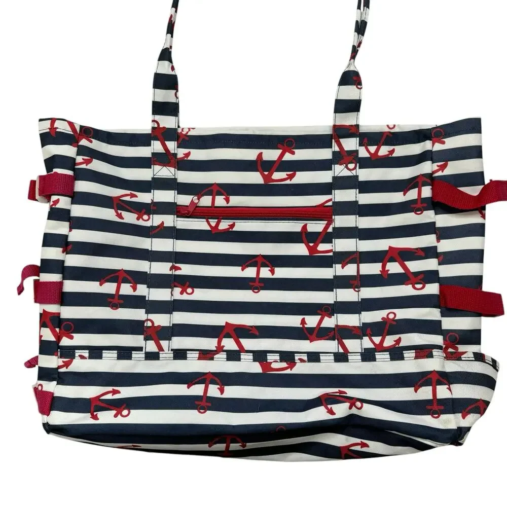 LAURA ASHLEY Seaside Blue White Red Anchor Lined Beach Tote Swim Bag Lined - Picture 3 of 13